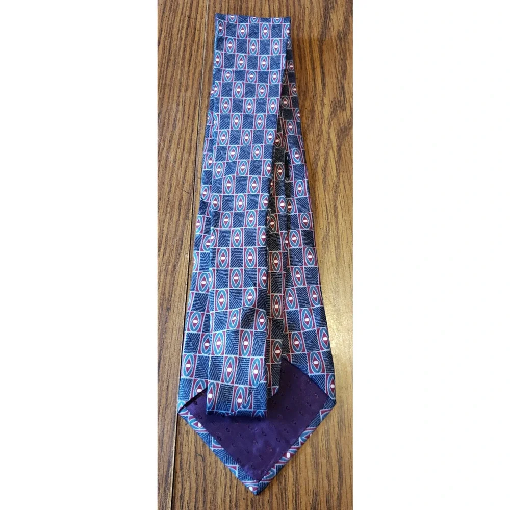 Henry Grethel Mens Necktie Tie Blue Red Checkerboard Pattern Geometric Silk